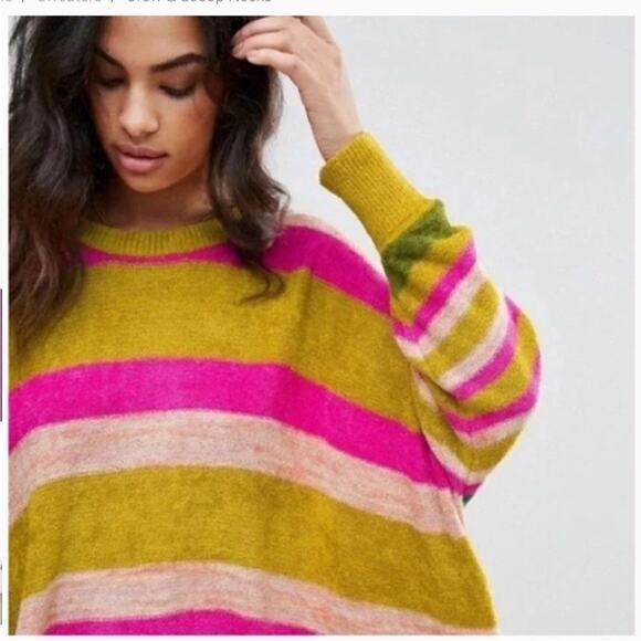 Free People All About You Stripe Chenille Sweater Multi Green Pink XS Oversized - Picture 13 of 16